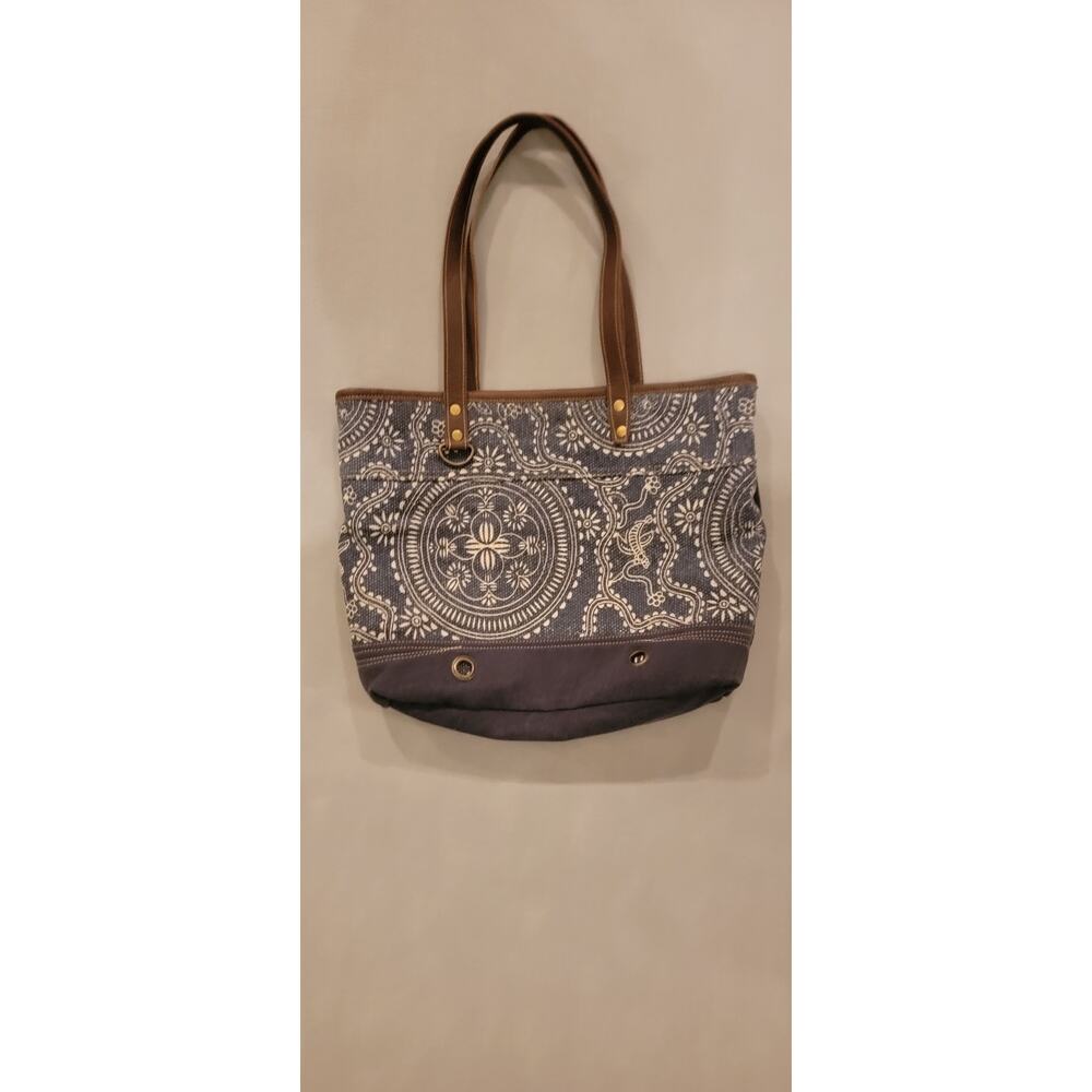 Myra Bag Sapphire Upcycled Canvas & Leather Tote - Blue Mandala - Large